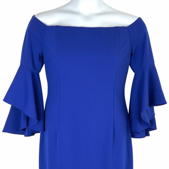 Calvin Klein Off-Shoulder Sheath Blue Dress Size 14 Ruffled 3/4 Sleeves EUC - Picture 3 of 14